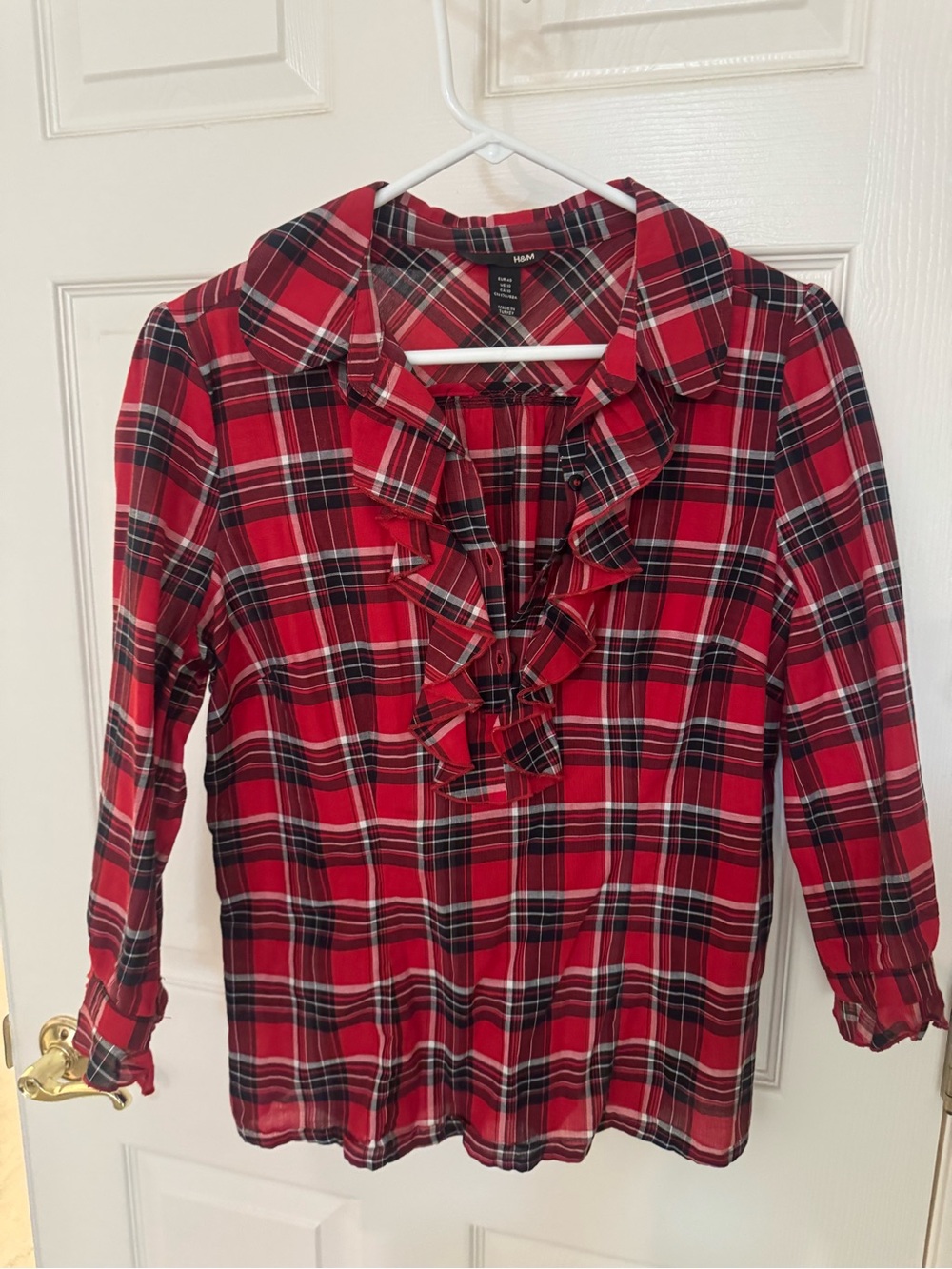 H&M Red and Black Plaid Ruffle-Trim Top